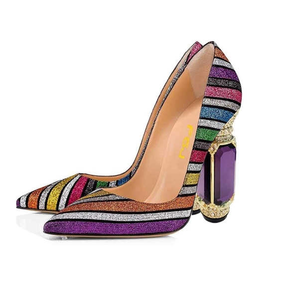 FSJ Shoes - FSJ Multicolor Striped Women's Heels